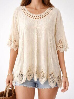 Whimsical Western Floral Romantic Summer Boho Ivory Lace Crochet Top [size L/XL]